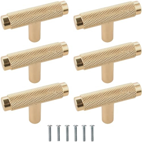 Bikasun 6 tiradores dorados para armarios en forma de T, tiradores dorados para muebles, tiradores para armarios de cocina y cajones, tiradores de un solo orificio para armarios de baño