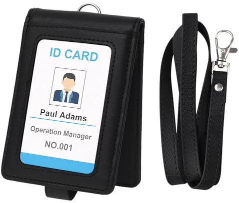 GOGO Porte-carte double face pliable en cuir PU, Porte Badge en PU Cuiavec lanière et fermeture sécurisée