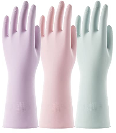 COOLJOB 3 Pairs Colorful Household Gloves with Cotton Liner & Non-slip Grip, Water Resistant Reusable Dish Washing Rubber Gloves for Kitchen & Bathroom Cleaning, Small