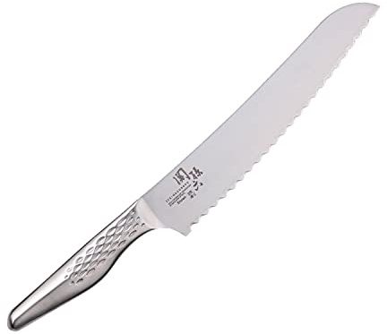 KAI Seki Magoroku Shoso Cuchillo para pan con hoja de 21,0 cm - Acero inoxidable 5CR15MoV 56 (±1) HRC - Afilado convexo - Mango de acero inoxidable 18-8 con patrón de rombos - Filo ondulado