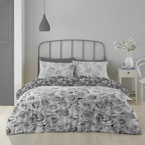 GC GAVENO CAVAILIA Printed Duvet Cover Grey, Reversible Rose Bedding Double Bed Set, Warm Floral Quilt Covers