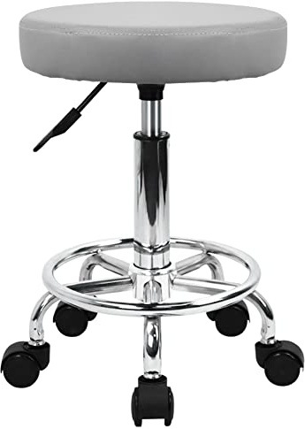 KKTONER Taburete Redondo de Cuero PU reposapiés Ajuste de Altura Giratorio SPA salón taburetes de Masaje Silla de Trabajo (Grey)