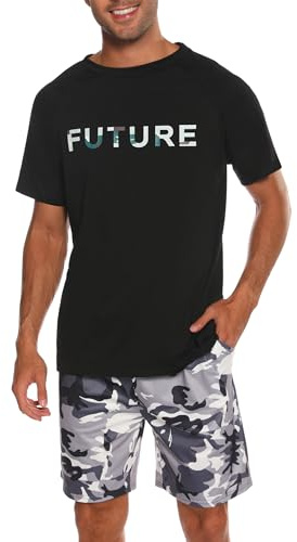 Nieery Pijamas Hombre Verano Conjunto Manga Corta Camiseta Cuello Redondo Pantalones Cortos Camuflaje con Bolsillos S-3XL