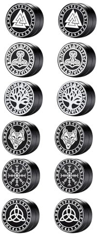 Bulckrew Herren Magnet Ohrringe Wikinger: 6 Paare Magnetische Ohrstecker Kreis Viking Gothic Stil Schwarz Fake Studs Piercing Stecker aus Edelstahl Lebensbaum Wolf Geschenk für Männer