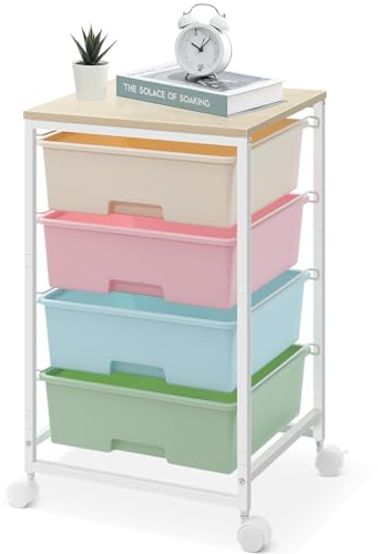 SYKIARIOL Chariot de Rangement à 4 tiroirs sur roulettes avec Plateau de Table en Bois, pour Cuisine, Salon, Chambre à Coucher, Mouvement Facile, Grande capacité, 4 tiroirs, Multicolor