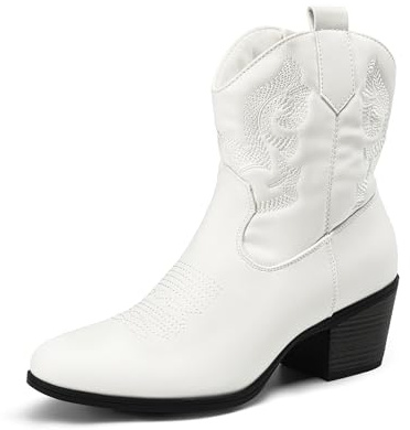 DREAM PAIRS Women's Block Heel Round Toe Ankle Boots,White,7