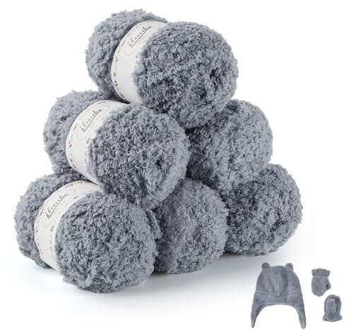ilauke Fluffy Yarn 6x50g, Grey Fluffy Wool for Knitting, Flutterby Chunky Yarn for Crochet, Wool for Blanket, Baby Clothes, Dolls, Rug