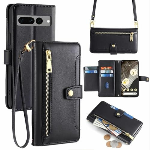 betterfon Hülle Kompatibel mit Google Pixel 7 Pro | Leder Handyhülle Praktische Handykette Kartenfächer Brieftasche Umhängetasche Kompatibel für Pixel 7 Pro | Schwarz