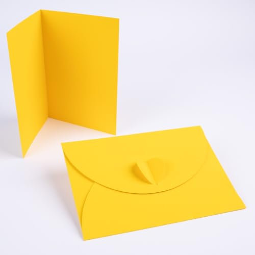 PresentFill® - blanko Falt-Karten inkl. Briefumschläge mit Herz Verschluß - 25er Set - Sonnen Gelb - Klappkarten zum selbst gestalten, beschriften oder bedrucken - DIN A6 / C6