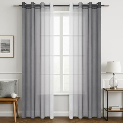 MRTREES Vorhänge mit Ösen Transparente Wohnzimmer Modern 2er Set Farbverlauf Grau, Fenster Gardinen Durchsichtig Schlafzimmer 240 cm Lang 140 cm Breit Vorhang Ösenschal Curtains Living Room