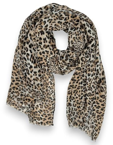 Ziona Leo Print damduk 178 cm x 87 cm leopardmönster halsduk med lätta fransar vår halsduk, Beige-brun-svart, XXL