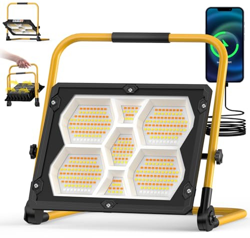Viugreum150W-Faro Led Ricaricabile, 15000LM Faretto a Batteria con supporto, pannello solare/4 modalità di luce, IP66 impermeabile Faretto LED da costruzione Portatile perofficina, cantiere, campeggio