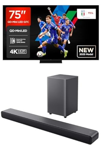 TCL Bundle of 75Q7C 75” QLED TV 4K QD-Mini LED, HDR Premium 2000, Google TV Sound Bar S55H Nero 40W