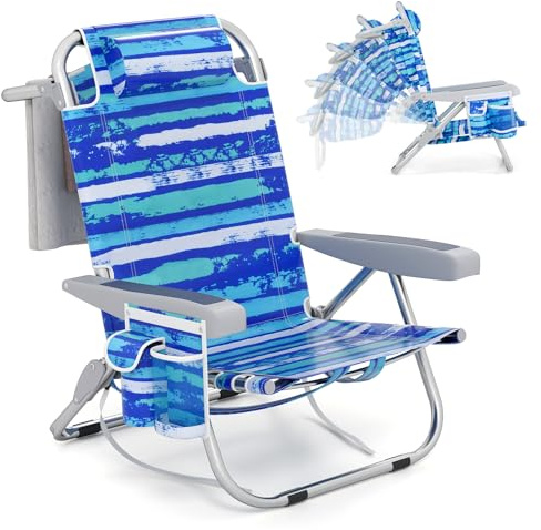 COSTWAY Chaise Longue, Chaise de Plage Pliable, 5 Positions Réglable, Porte-Gobelet, Porte-Serviette, Poches, Appui-tête, Sangles, Fauteuil pour Plage Piscine Jardin (Rayures Bleues,1 pièce)