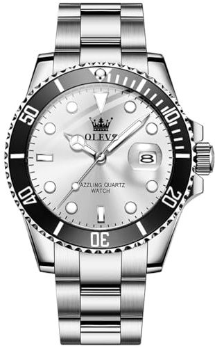 OLEVS Uhren Herren Klassisches Drehbare Lünette Silber Men's Stainless Steel Watch Elegante Weiß Großes Zifferblatt Analog Quarz Herrenuhr Wasserdicht Leuchtend mit Datum Herren Uhr Geschenke