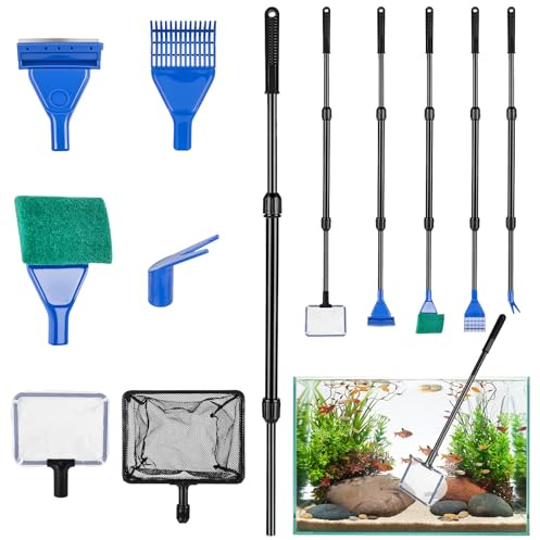 bssmmai 6-i-1 teleskop akvarium algskrapa, inklusive rengöringsborste, nät, algskrapa, växtklämmor, fisknät och grusrake, 36–88 cm hantering för rev, koraller, växter, glasbassäng