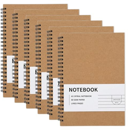 RICHER HOUSE Anteckningsblock A5-linjerad, 80 GSM spiral, anteckningsblock, 6 stycken, 60 ark/120 sidor, collegeblock, inbunden anteckningsblock, kan dras bort med 8 mm, bärbara datorer för hem, skola
