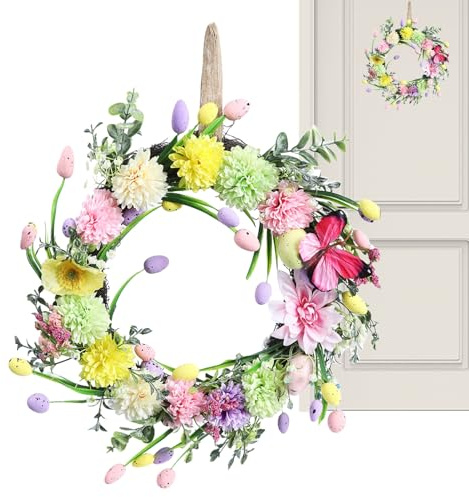 Corona di Pasqua – Ghirlanda artificiale carina di 40 cm | Corona per Pasqua e primavera all'aperto, per famiglie amici, adulti, donne, festa, parete, casa, interni esterni, appeso