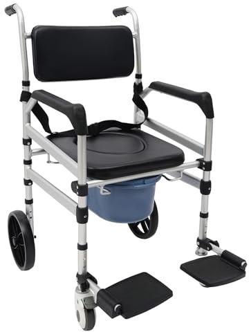 Hopfällbar toalettstol upp till 150kg i aluminium, 46-51cm säteshöjd badrumsrullstol med toalett & hjul med bromsar, duschrullstol för äldre och personer med begränsad rörlighet (O-formad platta)