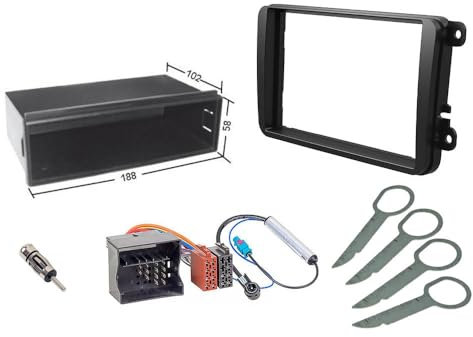 Audioproject A132 - Autoradio 2-DIN 1-DIN Einbau Set kompatibel für VW Golf 5 6 Skoda Seat Radioblende Ablagefach Quadlock ISO Radio-Adapter 2X Antennenadapter Fakra Entriegelung Radio Blende Adapter