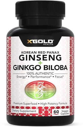 X Gold Health Korean Red Panax Ginseng + Ginkgo Biloba – 7% Ginsenosides Extra Strength – Energy, Memory, Focus & Brain Support – Premium Supplement for Men & Women – Non-GMO, 60 Vegan Capsules