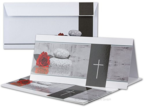 Set di 15 biglietti di condoglianze con buste, formato DIN lungo, motivo croce di rose, biglietti di ringraziamento, senza finestra, biglietti doppi