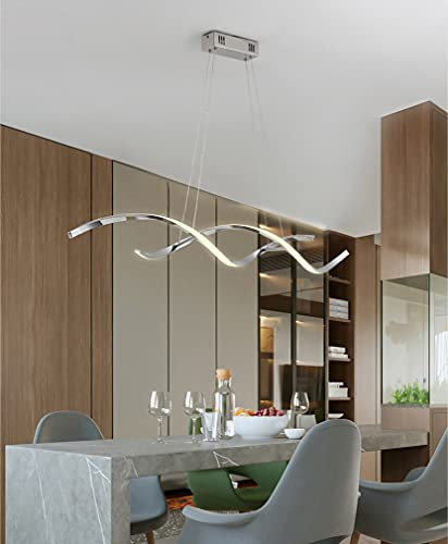 Hanging Lamp/with Remote Control LED Pendant Lamp Modern Dining Table Dimmable Ceiling Light Height Adjustable Chandelier Spiral Design Pendant Lighting, for Living Room Restaurant Kitchen (Chrome)