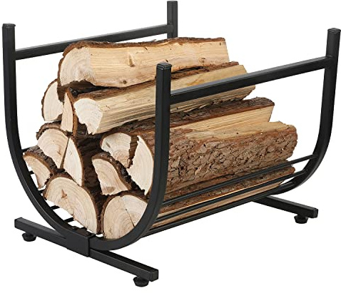 MyGift Industrial Firewood Rack - Matte Black Metal Freestanding U-Shape Log Holder - Compact Fireplace Storage Elevated Fire Wood Caddy
