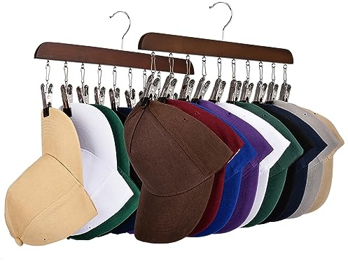 Hat Racks for Baseball Caps Sangle Sopffy 2PCS Wooden Hat Hanger With 10 Rubber-Coated Stainless Steel Clip,Hat Organizer for Hat Storage Organizer,Fit for All Caps,Clothing Accessories (Brown)