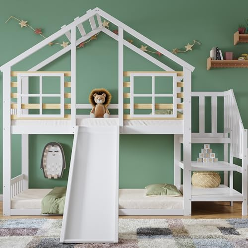 Ctastay Letto a Castello,Letto per Bambini 90x200 cm, Letto in Legno con Scale e Recinzione, con Scivolo e Finestra, Struttura del Letto in Legno Massiccio, Bianco, Materasso non incluso.