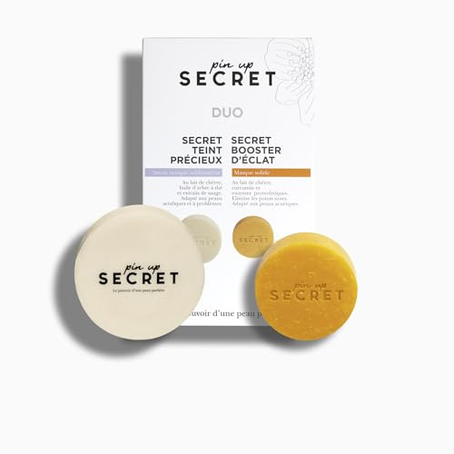 PIN UP SECRET - Coffret Duo au Lait de Chèvre & Curcuma - 1 Savon Secret Teint Précieux et 1 Masque Secret Booster d'Éclat - Nettoie le Visage - Élimine Impuretés & Points Noirs - Tous types de peaux
