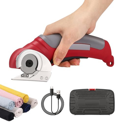 Cardboard Cutter,Electric Scissors with Safety Lock,SK5 Steel Blade,Cordless Rotary Cutter with Storage Box,Electric Crafting Shears for Leather Carpet Plastic Cutting,Sewing,Crafting(Red)