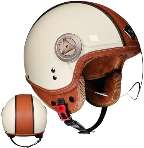 Casco Moto Retrò,Caschi per Scooter Anni '60 - Modello 3/4 in Vera Pelle con Visiera, Certificato DOT/ECE - Stile Retrò Chiuso/Aperto - Unisex Uomo e Donna M 57-58CM