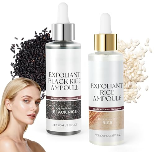 AOOWU Peel Shot Glow Rice Ampoule Duo, svart och vitt ris ansiktsskrubb, svart ris ampull vit risserum för exfoliering, porer och återfuktar djupt (2 st x 100 ml)