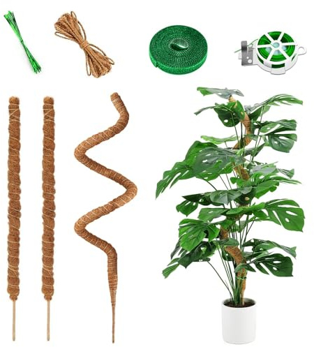 AURIVEE Tuteur Plante Support Grimpante - 120cm+60cm Kit 3 Pièces Tuteur Coco Fibre Mousse Flexible avec Corde Jute Attaches pour Monstera Pothos Intérieur Extérieur