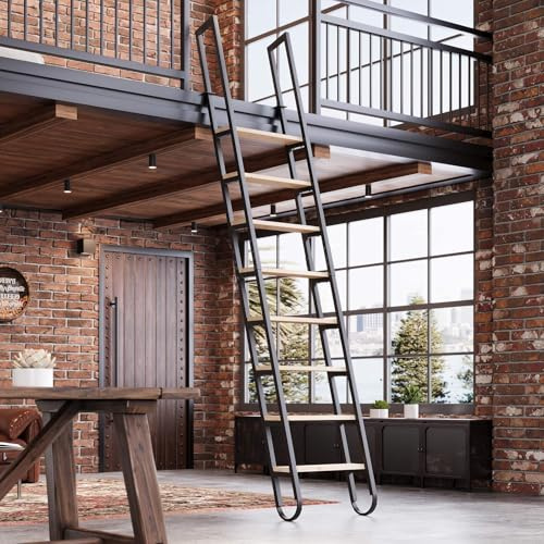 10.35FT Industrial Style Loft Ladder, 8 Steps with Black Steel Handrails & Solid Wood Steps, 450lbs Capacity, Fits 8.2-9FT Installation Height,for Attic, Kitchen, Warehouse, Bookshelf& Outdoor
