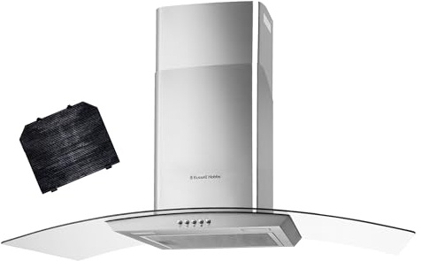 Russell Hobbs 90cm Curved Glass Cooker Hood in Stainless Steel with 3 Speed Settings, 1 x Carbon Filter, Extraction or Recirculation, 500m³/h Extraction Rate, A+ Energy Rating, RH90GCH92A1SS