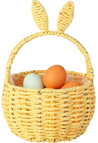 Cestino pasquale per bambini, cestino per la caccia alle uova di coniglietto pasquale, con manico in vimini rustico con orecchie di coniglio, raccolto di fiori, per frutta, caramelle, raccolta di uova