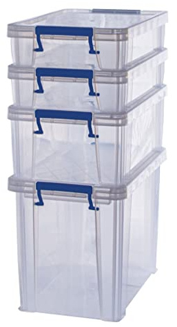 Bankers Box Plastic Storage Boxes with Lids, Pack of 4, 2x 5.5 Litre + 1x 18.5 Litre + 1x 10 Litre. ProStore Strong Stackable Plastic Storage Boxes, Made in the UK, Clear