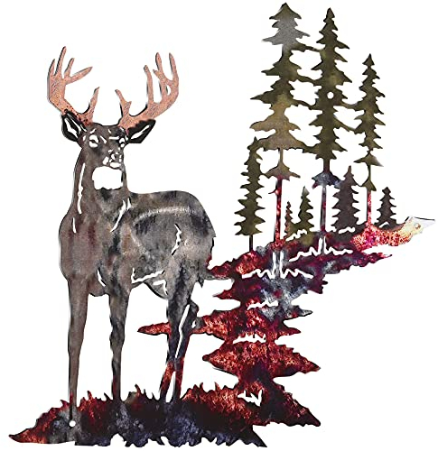 Moxweyeni Wandkunst, Waldbaum, Hirsch, Metall, rustikale Jagddekoration für Wohnzimmer, Schlafzimmer, Badezimmer, drinnen und draußen, 30 x 20 cm (helle Farbe)