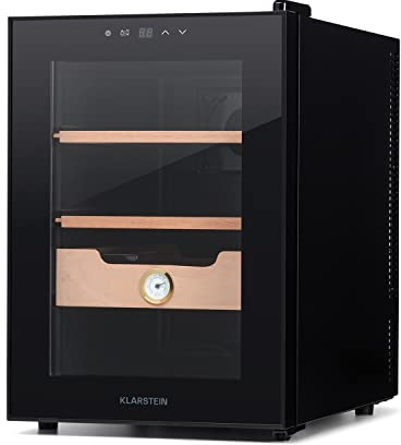 Klarstein El Presidente Zigarren Humidor - thermoelektrischer Humidor Schrank mit Glastür, Humidor Befeuchter mit Einschüben aus Zedernholz, Hygrometer, LED-Innenbeleuchtung, 37 Liter, schwarz