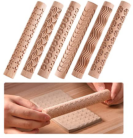 YWNYT 6 rodillos de arcilla de madera, kit de rodillos de modelado de arcilla, rodillo de arcilla con patrón de cerámica, rodillo de arcilla con mango de madera texturizado, herramientas talladas de