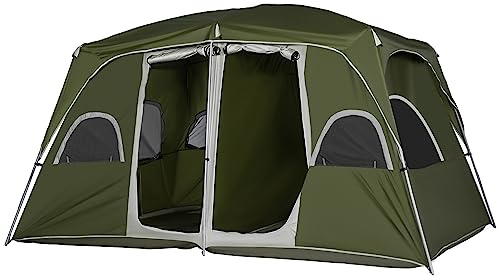 Outsunny 2 Room Camping Tent, Large Family Tent 6 Person with Large Mesh Windows, Easy Set Up for Backpacking, Hiking, Outdoor, 400L x 275W x 210Hcm, Green