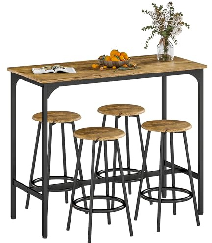HOMCOM Ensemble Table de Bar bistrot avec 4 tabourets de Bar, Ensemble Table Haute Cuisine et tabourets, avec Repose-Pieds, Style Moderne, structutre en métal, pour Cuisine, Salle à Manger, Marron