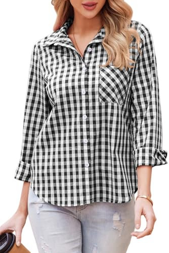 Zeagoo Kariertes Hemd Damen Karierte Bluse Cowgirl Trachtenbluse Button-Down Hemdbluse Oktoberfest Karohemd Langarm SchwarzWeiß L