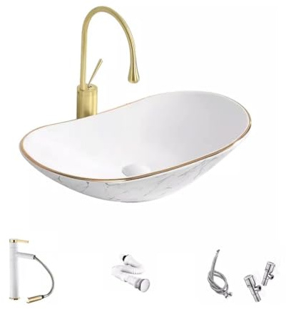Bathroom Sinks Simple Small Size Above Counter Basin Household Wash Basin Single Basin Stone Pattern Gold Edge Art Basin Ceramic Wash Basin Vessel Van