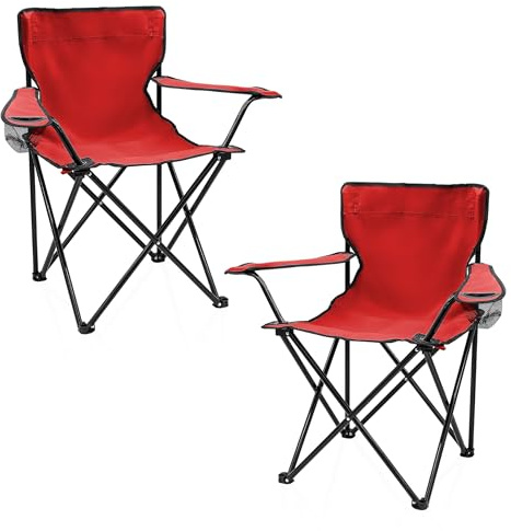 Sedia pieghevole da campeggio con portabevande, set da 2 pezzi, colore rosso, sedia da campeggio pieghevole con borsa per il trasporto, per festival, tempo libero, giardino, pesca, portata fino a 100