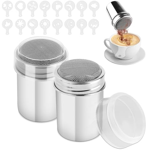 2 Stück Kakaostreuer Edelstahl mit 16 Pcs Kaffee Schablonen, Mehlstreuer mit Deckel Puderzuckerstreuer für Cappuccino, Kakaopulver Streuer zur Dekoration von Kaffee Kuchen