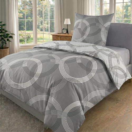 MALIKA Bettwäsche 155x220 Baumwolle, 2-teiliges Set, Kreismuster, Wende Bettbezug 155 x 220 cm, Kissenbezug 80x80 cm, Renforcé, atmungsaktiv, maschinenwaschbar, Grau