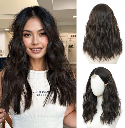 BUPPLER Braune Highlights Perücke 45,72 cm Mittellang Mit Mittelscheitel - Synthetisches Welliges Haar Mit Verbesserten Strähnen für Frauen - Natürlich für Alltag Party/Halloween